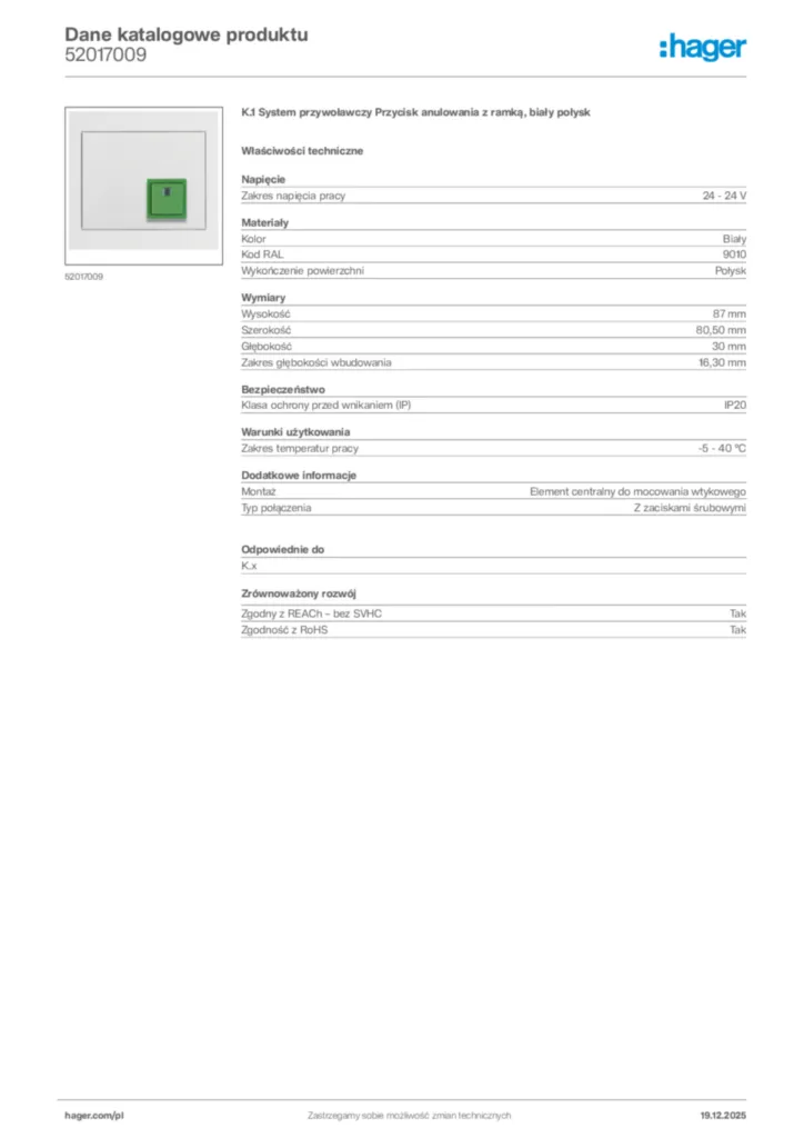 Zdjęcie Hager Karta katalogowa 52017009 | Hager Polska