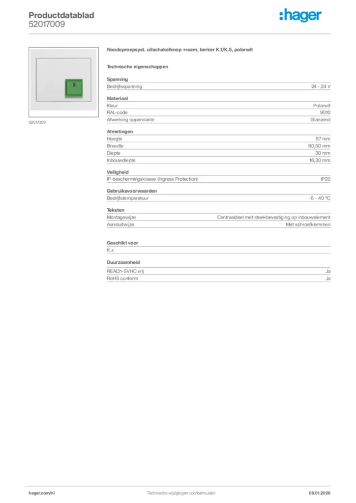 Afbeelding Hager Productdatablad 52017009 | Hager Nederland