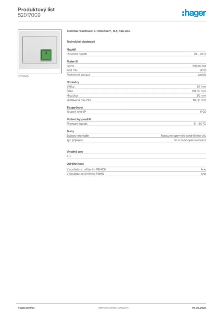 Obrázek Hager Product data sheet 52017009 | Hager