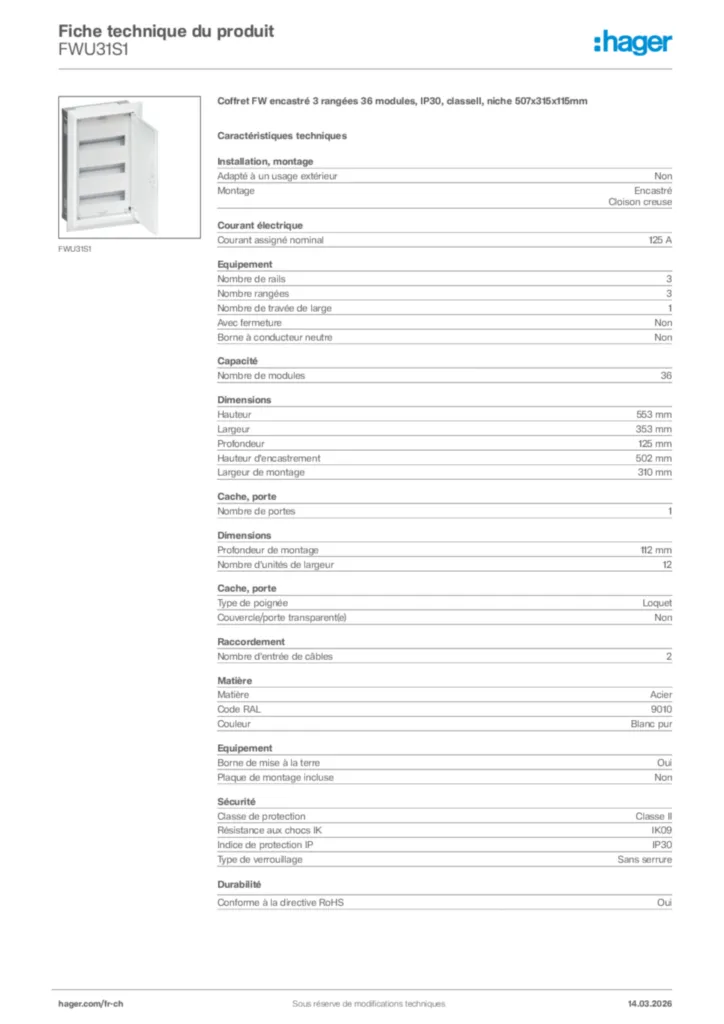 Image Hager Fiche technique du produit FWU31S1 | Hager Suisse
