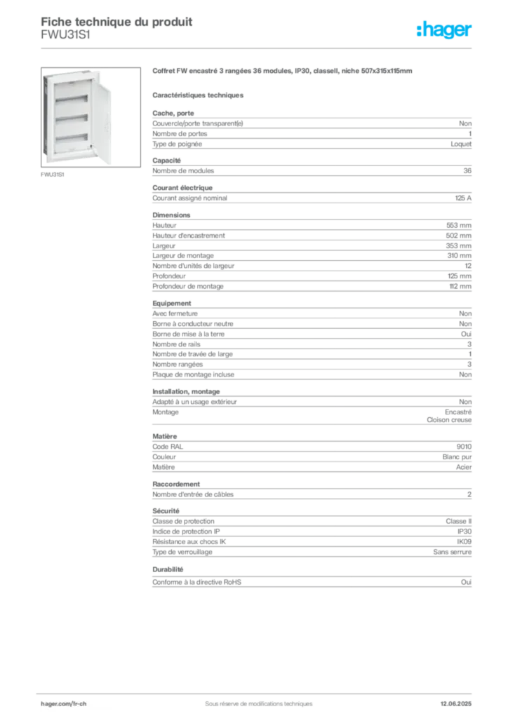 Image Hager Fiche technique du produit FWU31S1 | Hager Suisse