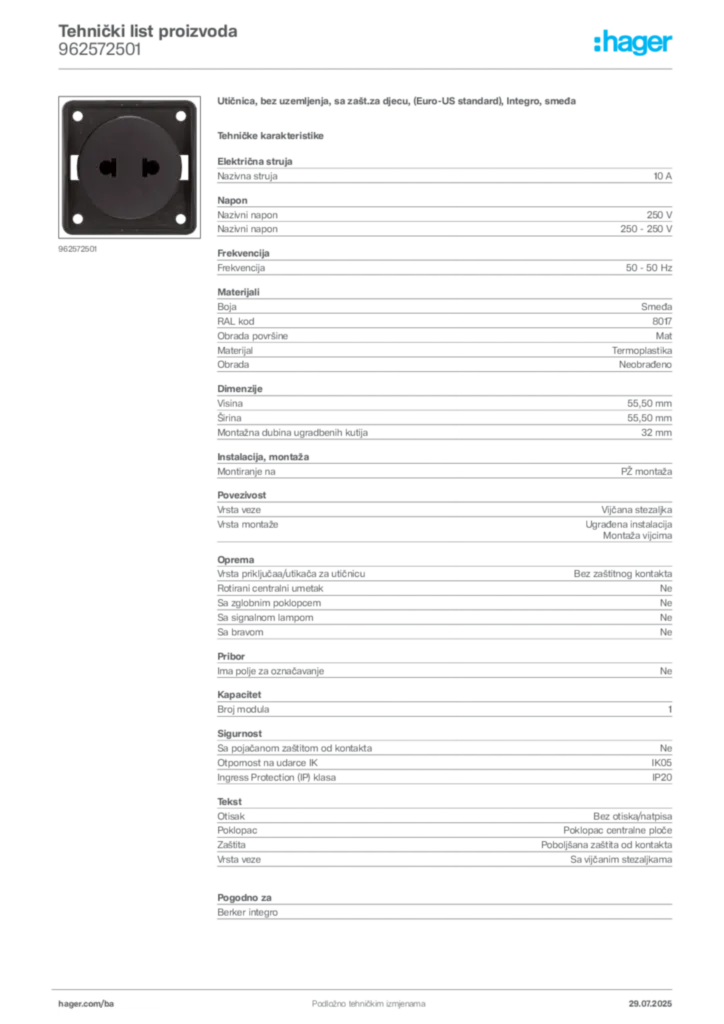 Slika Hager Product data sheet 962572501  | Hager