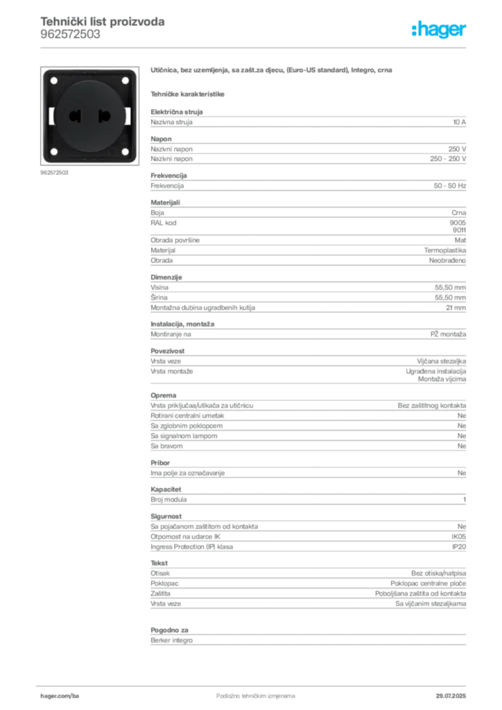 Slika Hager Product data sheet 962572503  | Hager