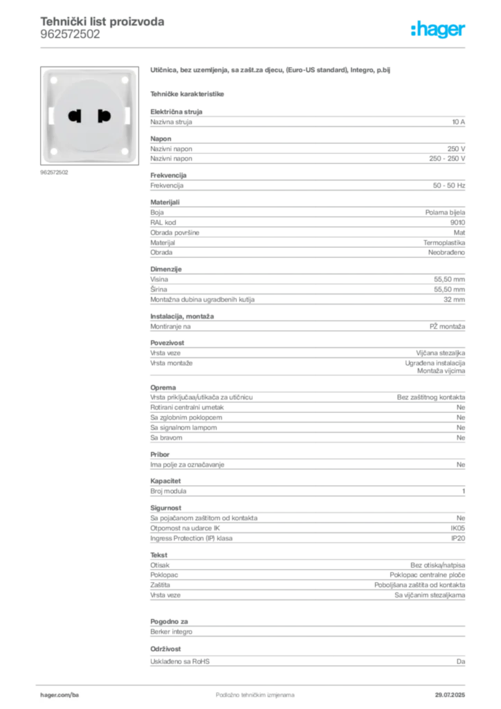 Slika Hager Product data sheet 962572502  | Hager