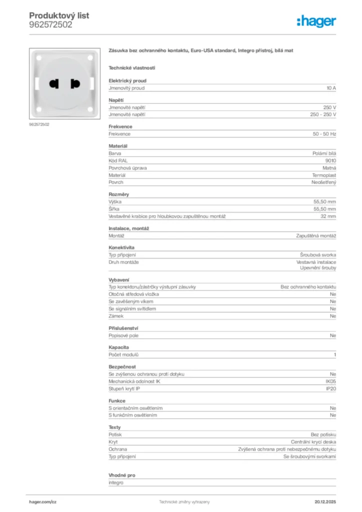 Obrázek Hager Produktový list 962572502 | Hager