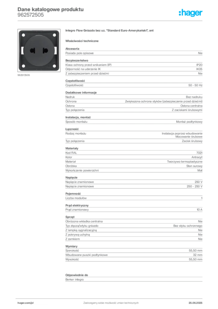 Zdjęcie Hager Karta katalogowa 962572505 | Hager Polska