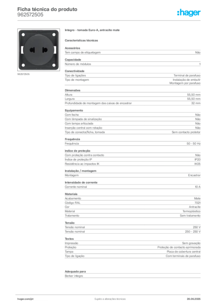 Imagem Hager Ficha técnica do produto 962572505 | Hager Portugal