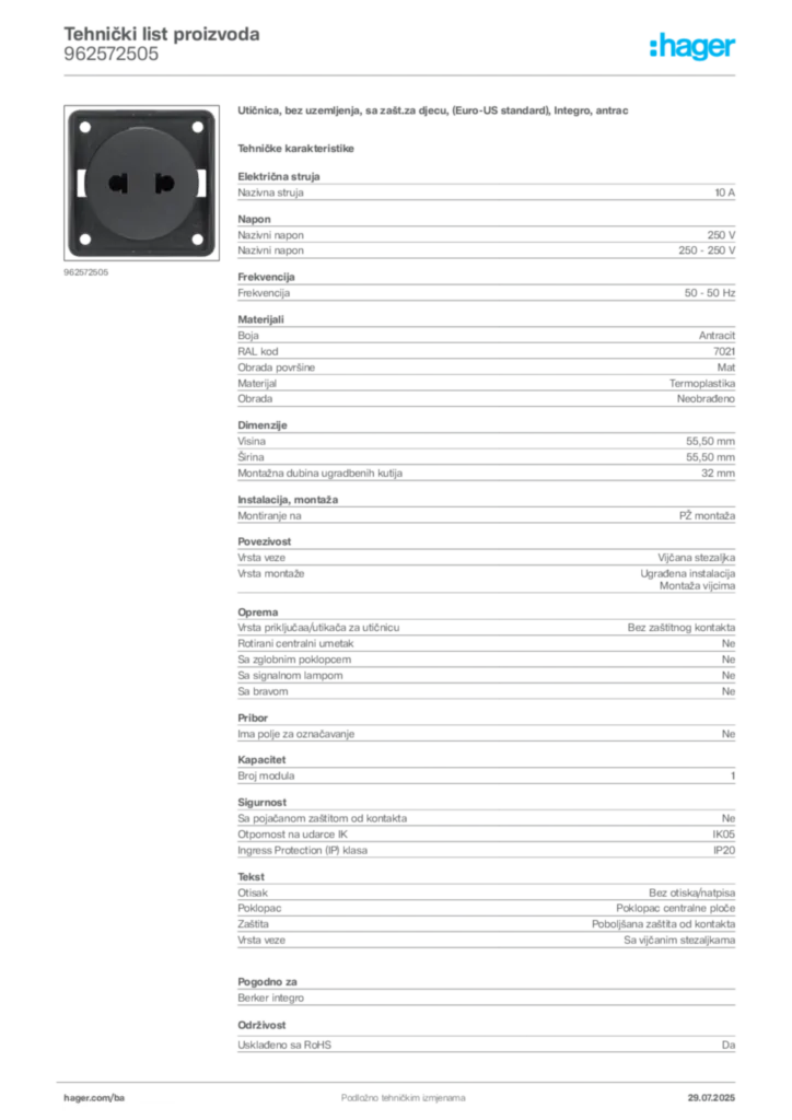 Slika Hager Product data sheet 962572505  | Hager