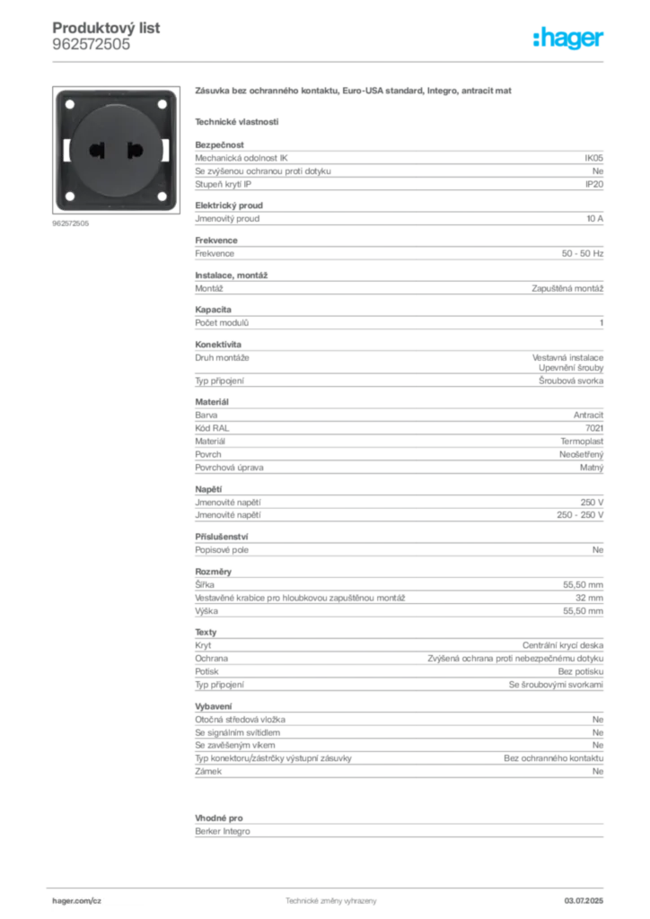 Obrázek Hager Produktový list 962572505 | Hager