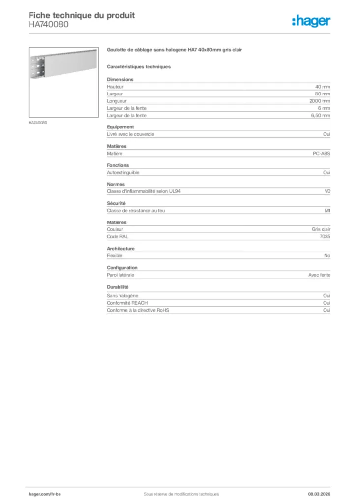 Image Hager Fiche technique du produit HA740080 | Hager Belgique