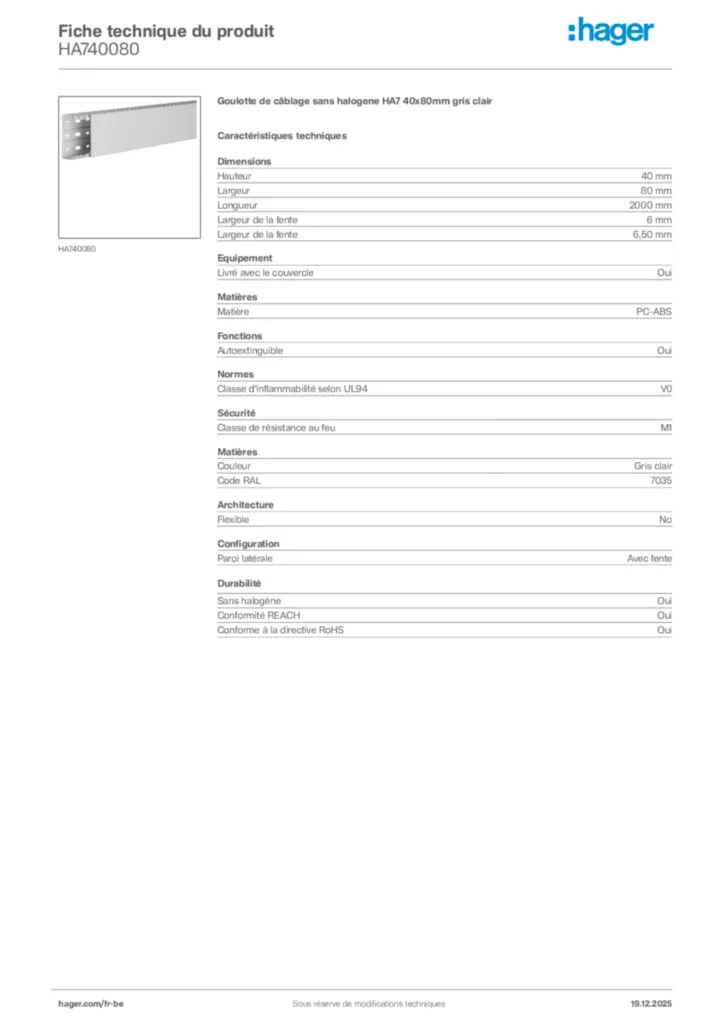 Image Hager Fiche technique du produit HA740080 | Hager Belgique