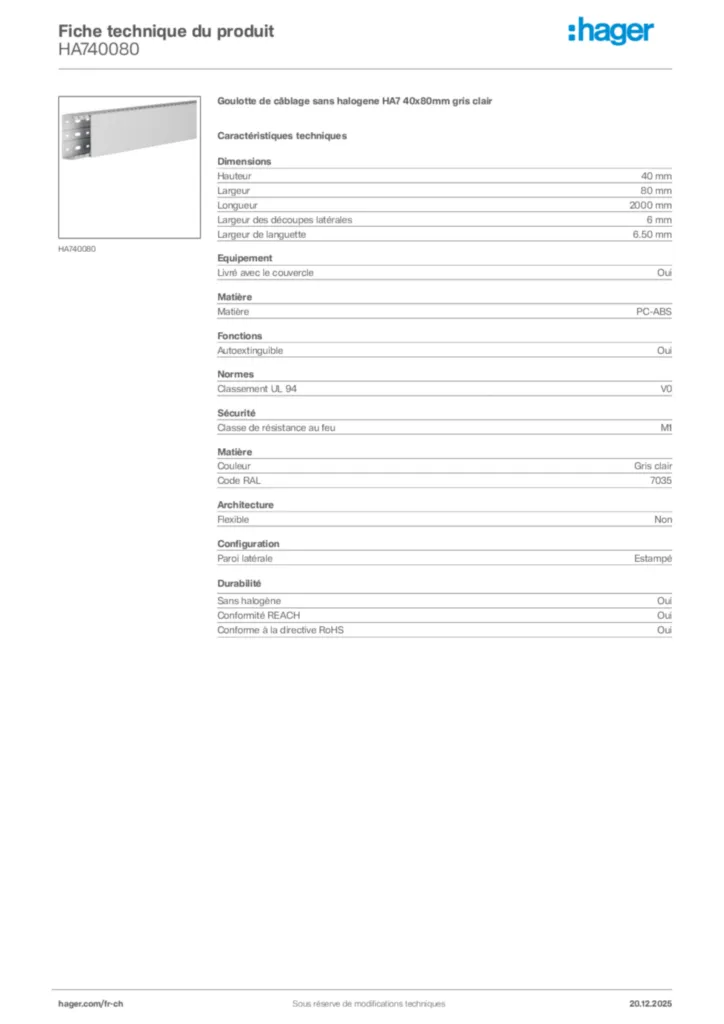 Image Hager Fiche technique du produit HA740080 | Hager Suisse