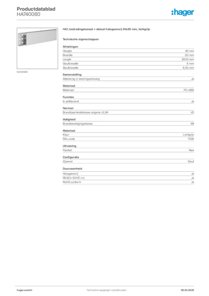 Afbeelding Hager Productdatablad HA740080 | Hager Nederland