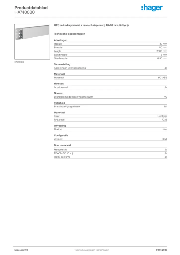 Afbeelding Hager Productdatablad HA740080 | Hager Nederland