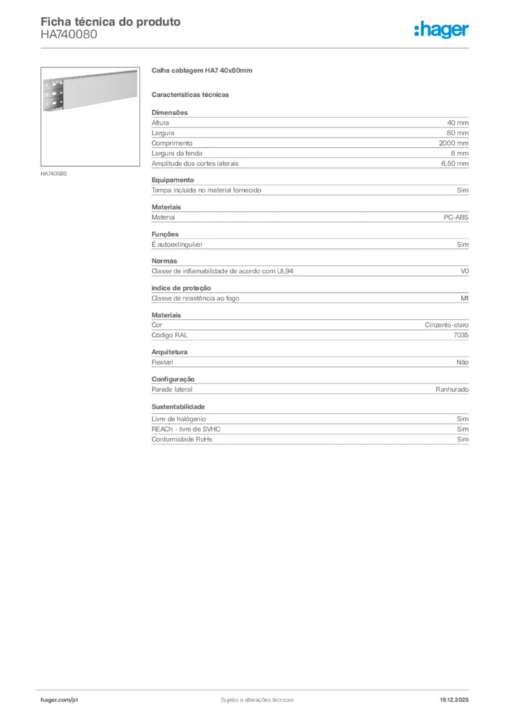 Imagem Hager Ficha técnica do produto HA740080 | Hager Portugal