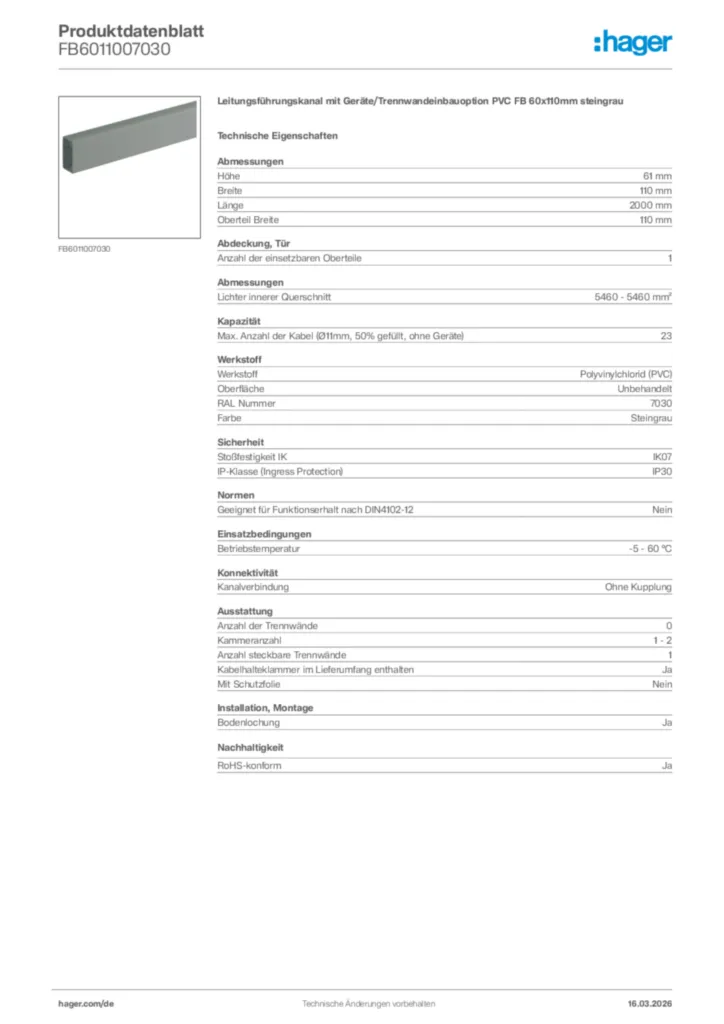 Bild Hager Produktdatenblatt FB6011007030 | Hager Deutschland