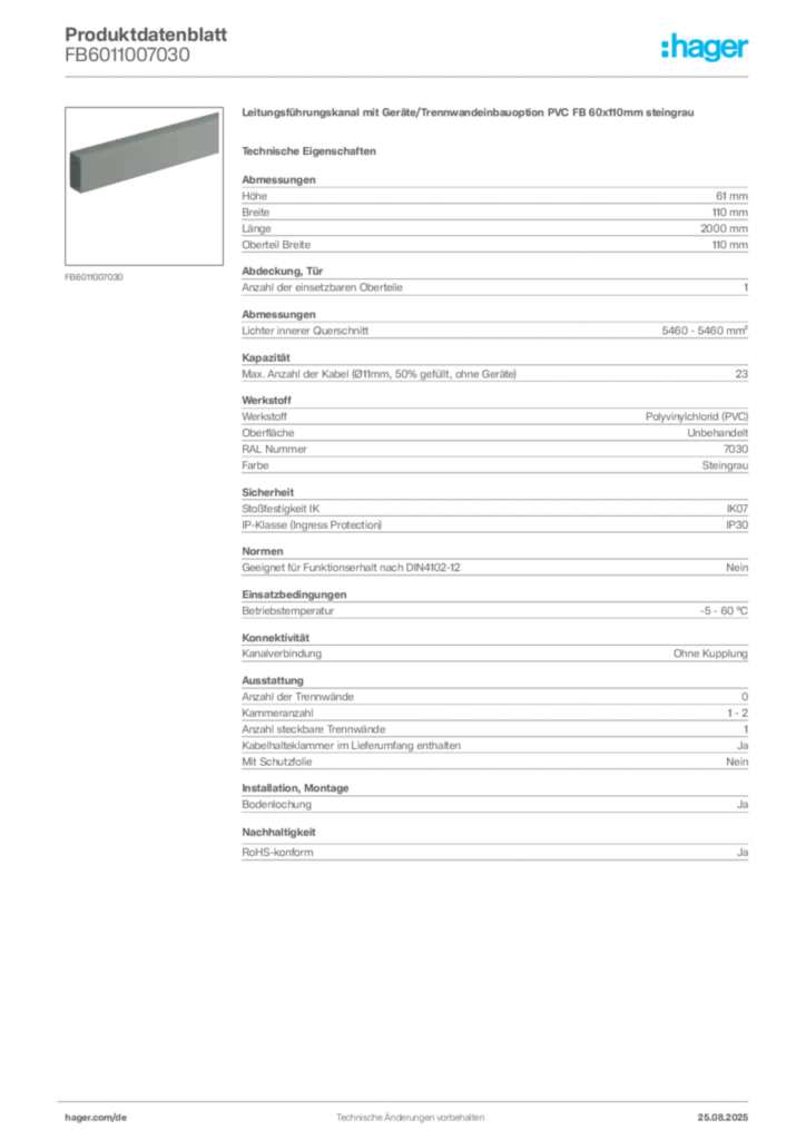 Bild Hager Produktdatenblatt FB6011007030 | Hager Deutschland