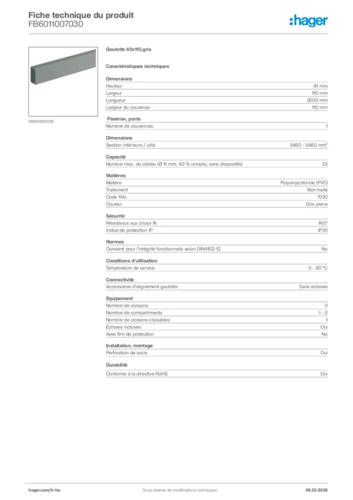 Image Hager Fiche technique du produit FB6011007030 | Hager Belgique