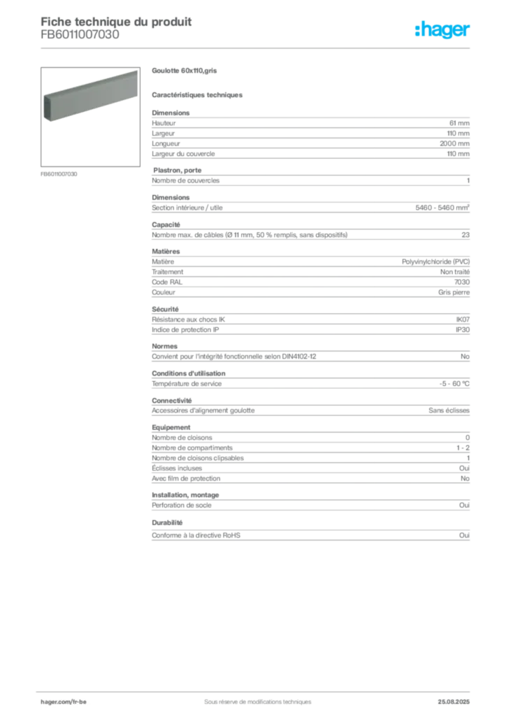 Image Hager Fiche technique du produit FB6011007030 | Hager Belgique