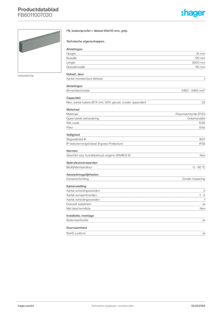 Afbeelding Hager Productdatablad FB6011007030 | Hager Nederland