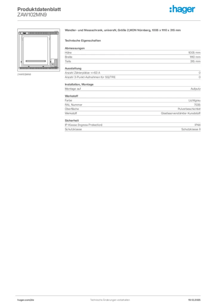 Bild Hager Produktdatenblatt ZAW102MN9 | Hager Deutschland
