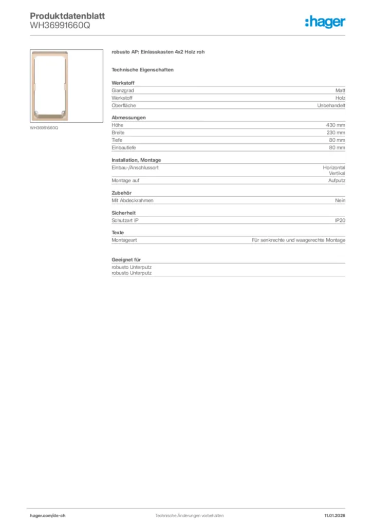 Bild Hager Produktdatenblatt WH36991660Q | Hager Schweiz