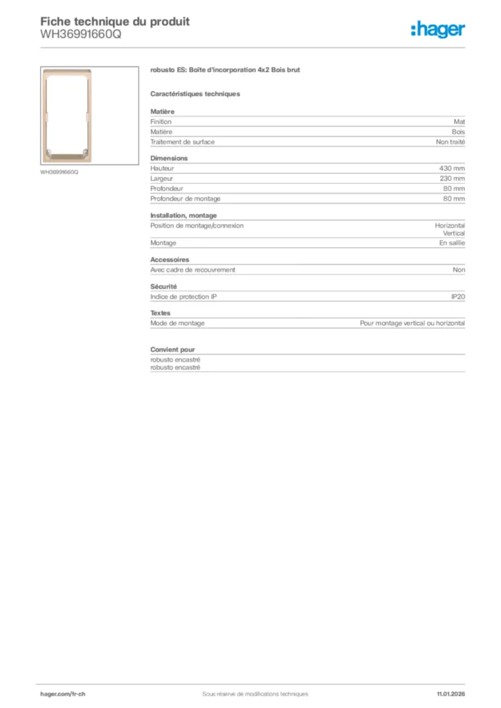Image Hager Fiche technique du produit WH36991660Q | Hager Suisse