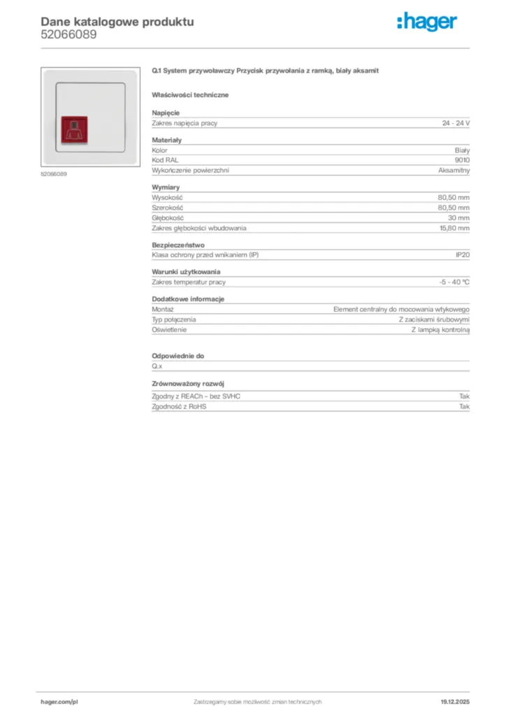 Zdjęcie Hager Karta katalogowa 52066089 | Hager Polska