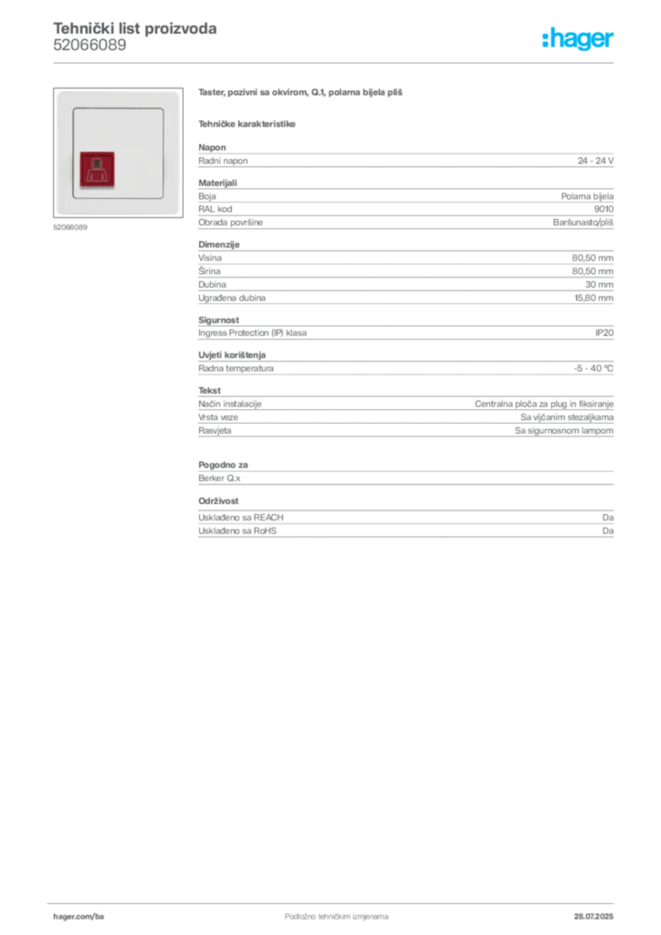 Slika Hager Product data sheet 52066089  | Hager