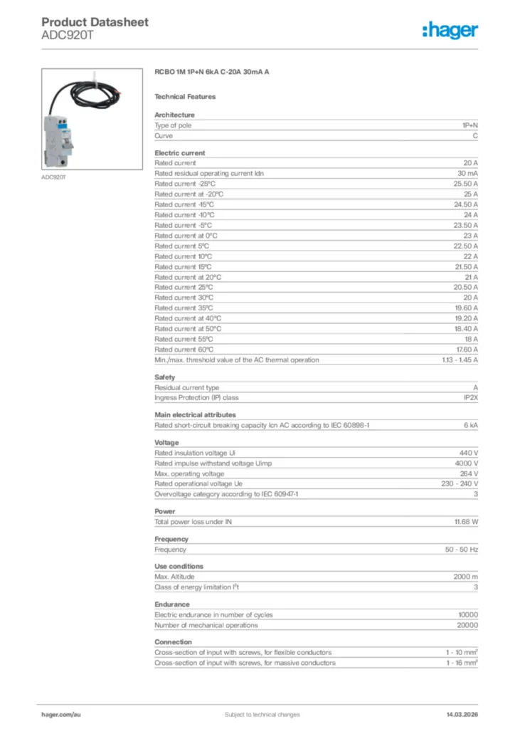 Image Hager Product data sheet ADC920T  | Hager Australia