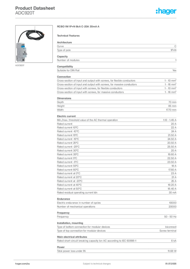 Image Hager Product data sheet ADC920T  | Hager Australia