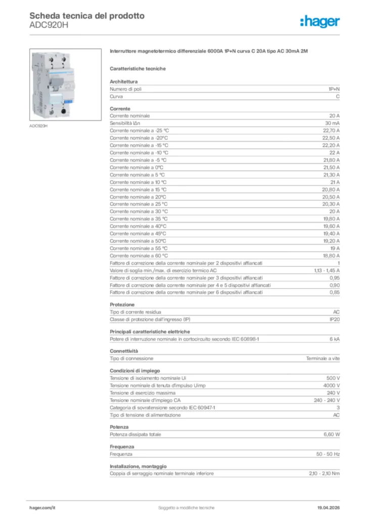 Immagine Hager Scheda tecnica del prodotto ADC920H | Hager Italia