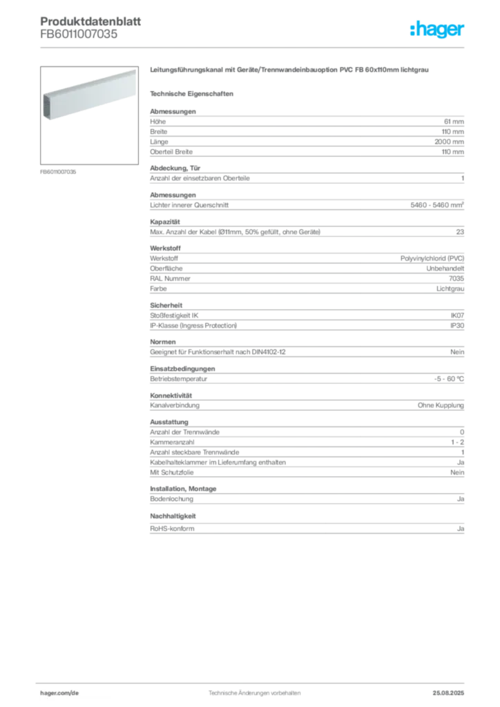 Bild Hager Produktdatenblatt FB6011007035 | Hager Deutschland