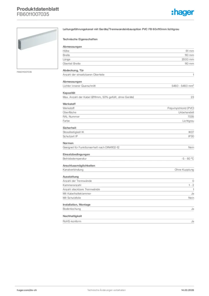 Bild Hager Produktdatenblatt FB6011007035 | Hager Schweiz