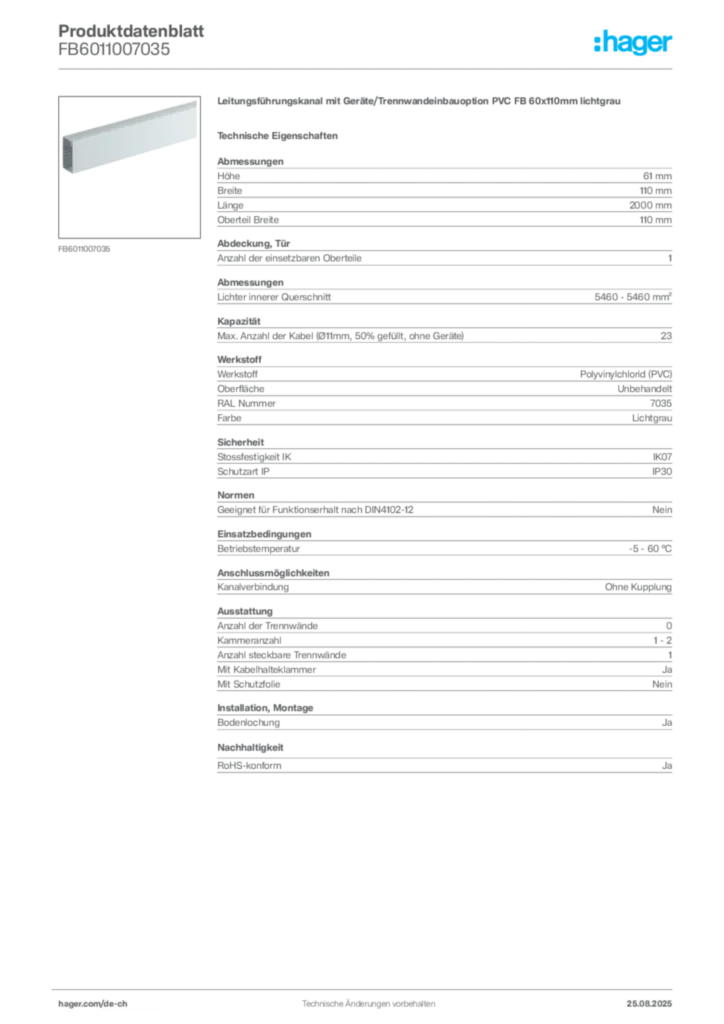 Bild Hager Produktdatenblatt FB6011007035 | Hager Schweiz