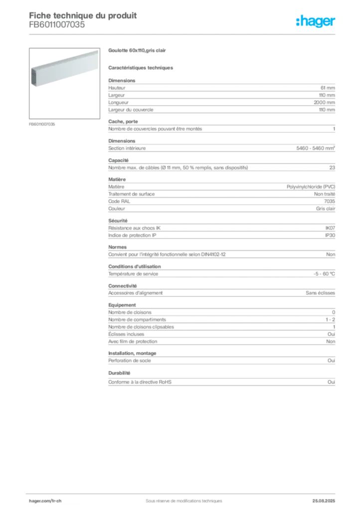 Image Hager Fiche technique du produit FB6011007035 | Hager Suisse