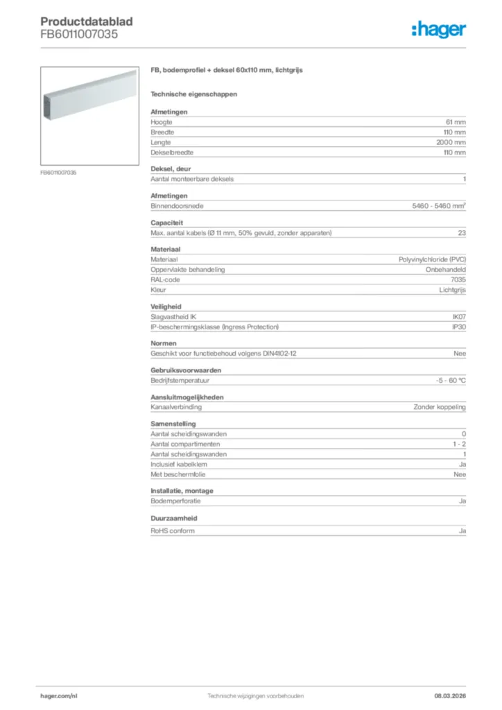 Afbeelding Hager Productdatablad FB6011007035 | Hager Nederland