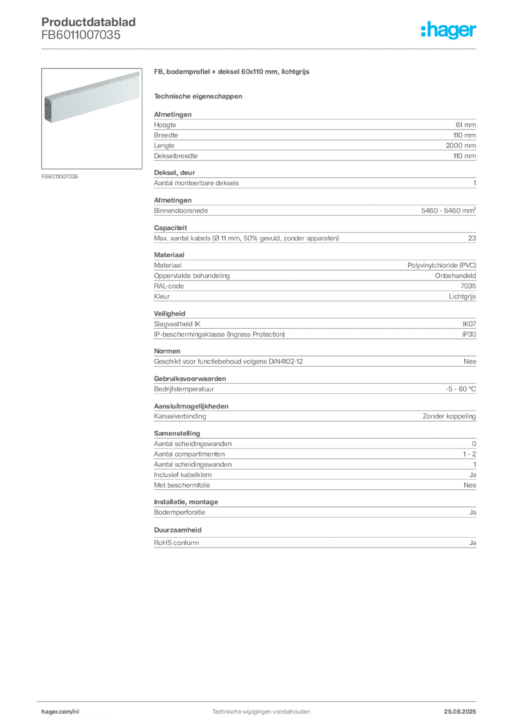 Afbeelding Hager Productdatablad FB6011007035 | Hager Nederland