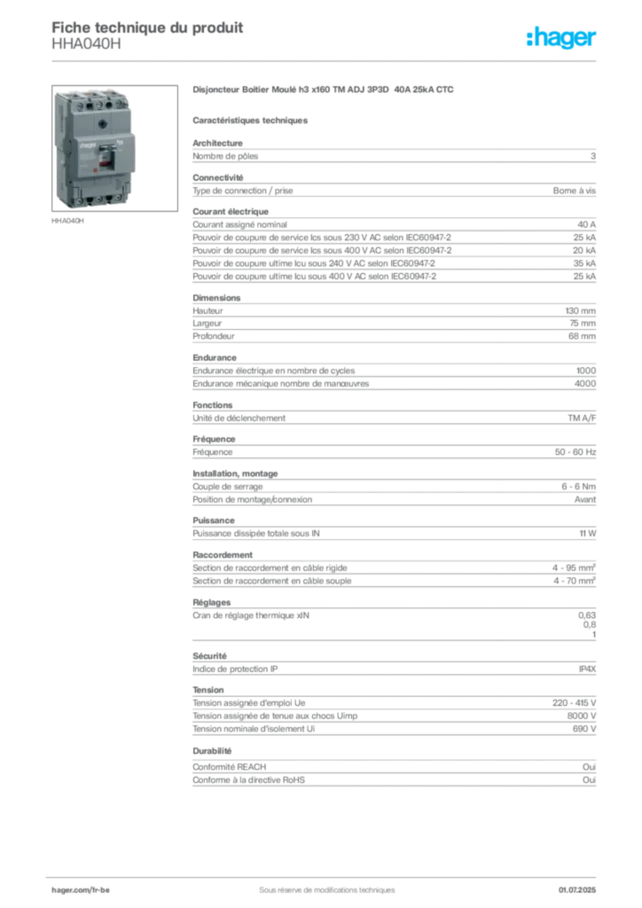 Image Hager Fiche technique du produit HHA040H | Hager Belgique