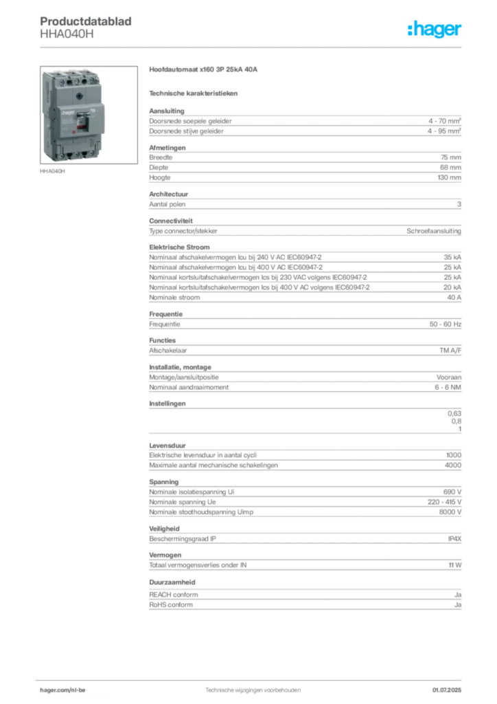 Afbeelding Hager Productdatablad HHA040H | Hager Belgium
