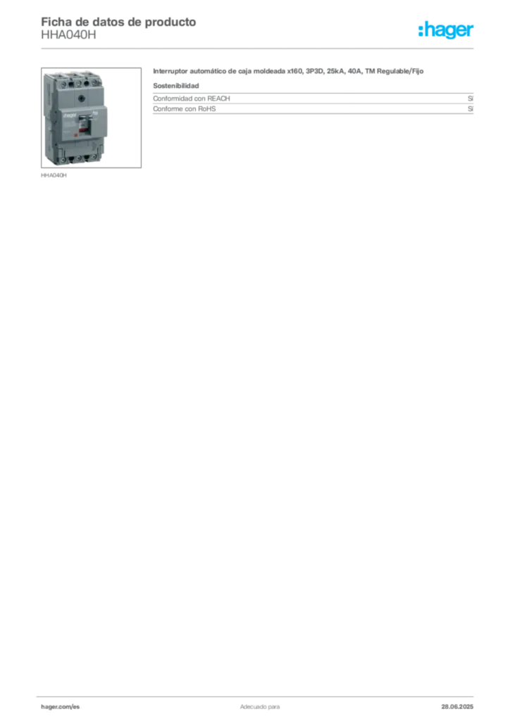Imagen Hager Ficha de datos de producto HHA040H | Hager España
