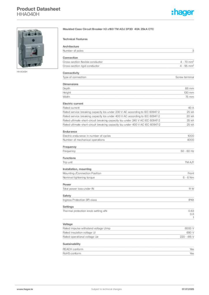 Image Hager Product data sheet HHA040H  | Hager