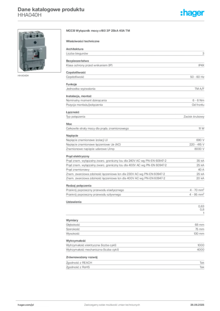 Zdjęcie Hager Karta katalogowa HHA040H | Hager Polska