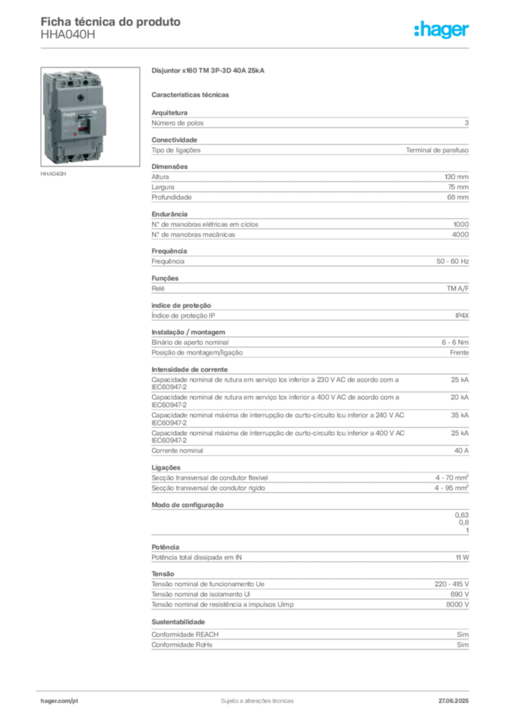 Imagem Hager Ficha técnica do produto HHA040H | Hager Portugal