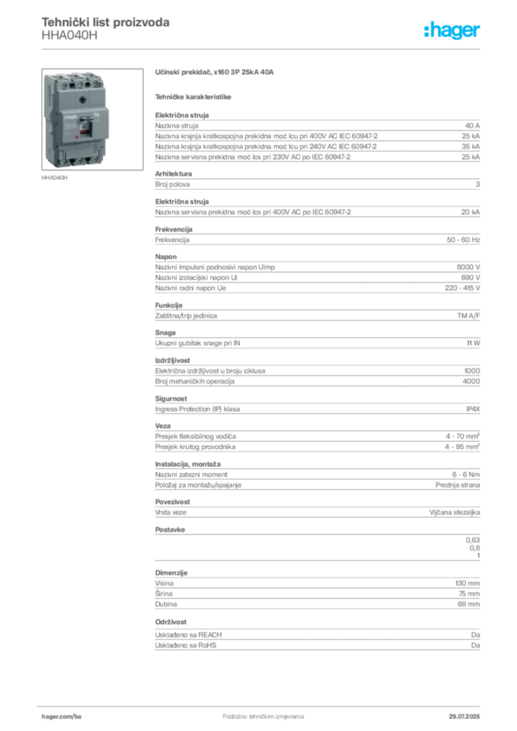Slika Hager Product data sheet HHA040H  | Hager