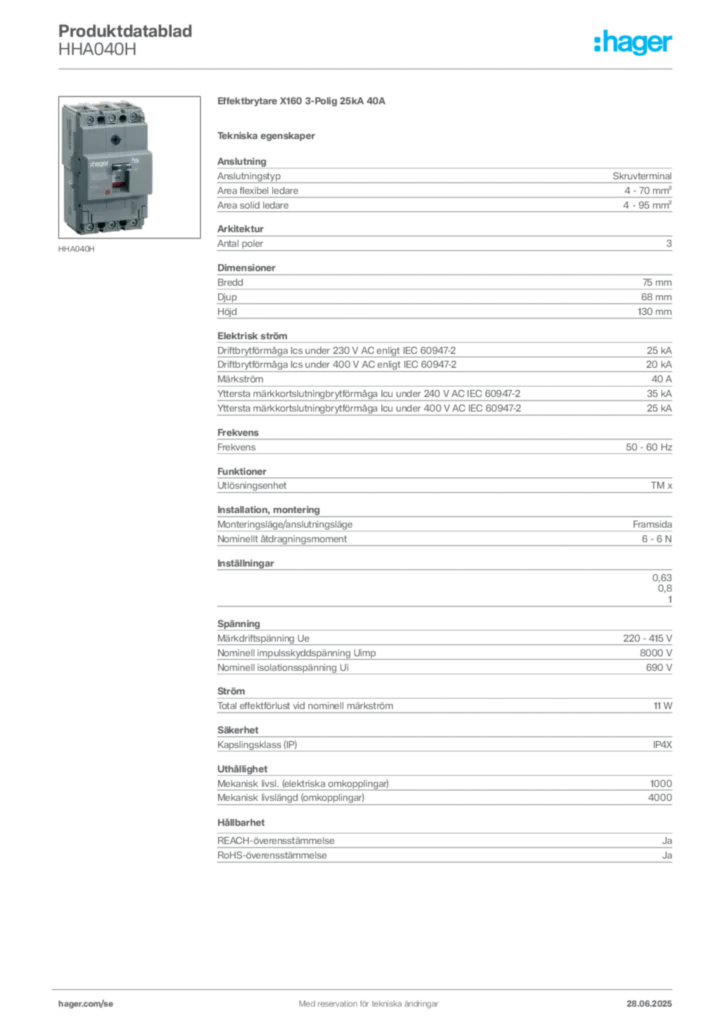 Bild Hager Produktdatablad HHA040H | Hager Sverige