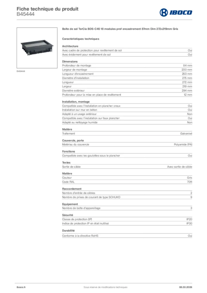 Image Iboco Fiche technique du produit B45444 | Hager France