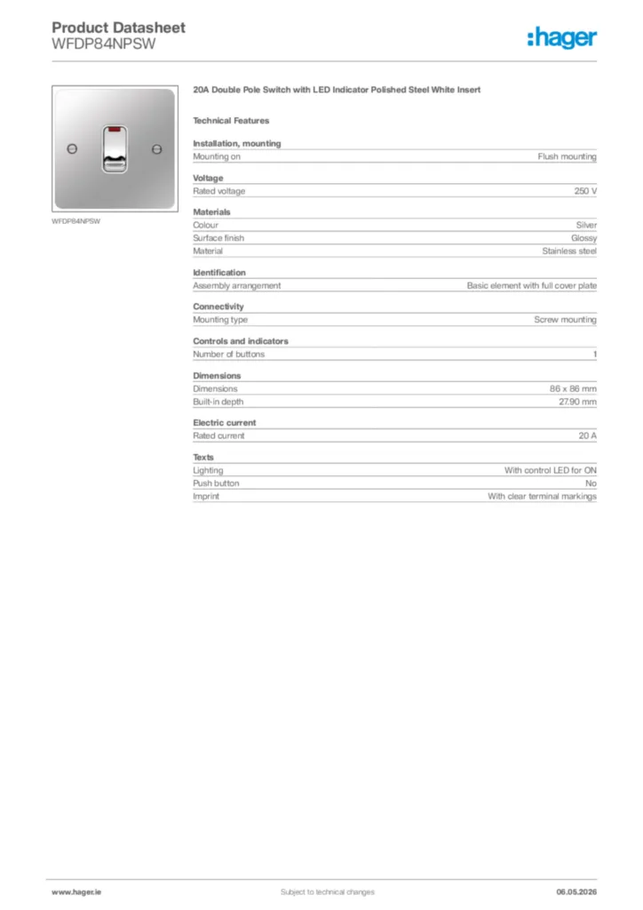 Image Hager Product data sheet WFDP84NPSW  | Hager