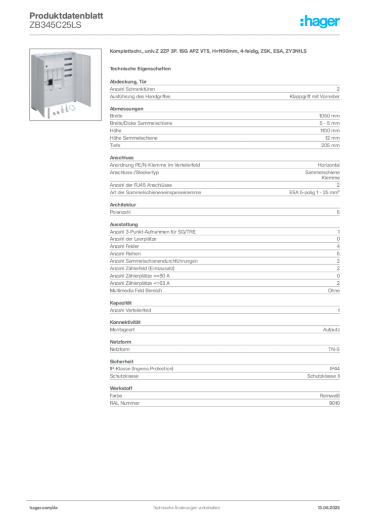 Bild Hager Produktdatenblatt ZB345C25LS | Hager Deutschland