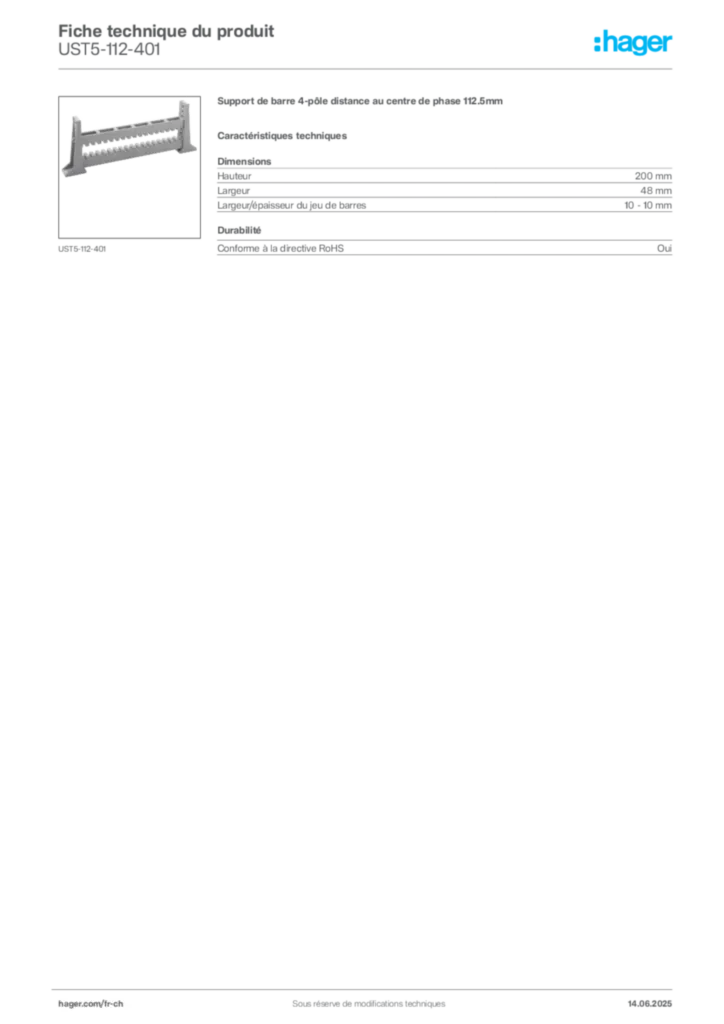 Image Hager Fiche technique du produit UST5-112-401 | Hager Suisse